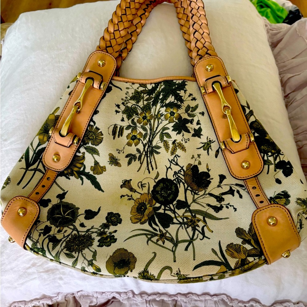 Gucci Vintage Flora Horsebit Canvas Shoulder Bag with Tan Leather